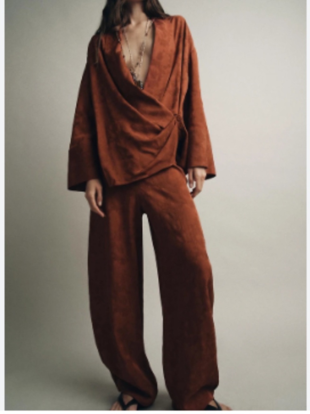 ZARA JACQUARD KIMONO ZW COLLECTION BALLOON PANTS TROUSERS in a dark russet